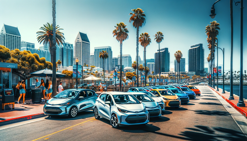 A sunny street scene in San Diego with a variety of compact sedans, under a clear blue sky with palm trees and the city skyline in the background.