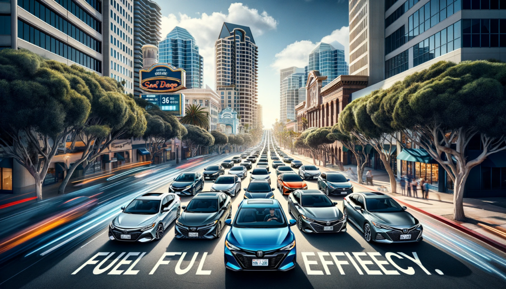 Compact sedan models with top fuel efficiency smoothly navigating through San Diego's urban landscape, with landmarks and sunny skies in the background.