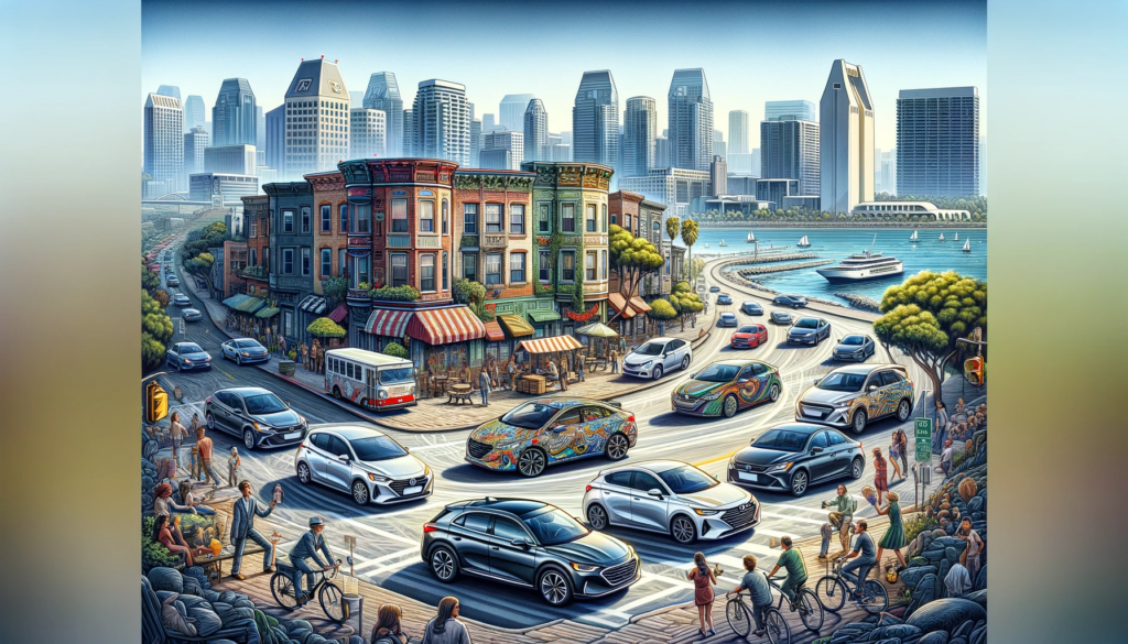 Compact sedans navigating through San Diego's urban landscape with downtown skyscrapers and San Diego Bay in the background.