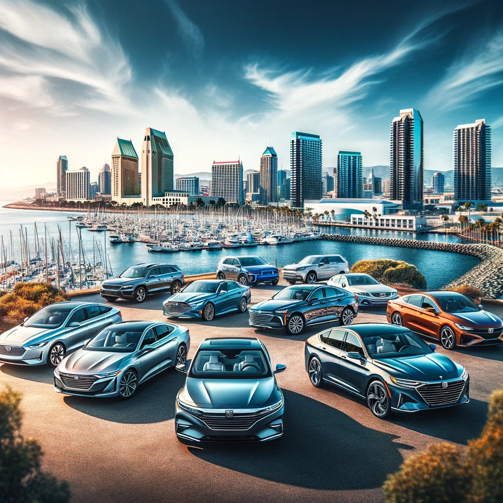 "Lineup of midsize sedans along San Diego waterfront, showcasing models from hybrids to luxury against the city skyline."