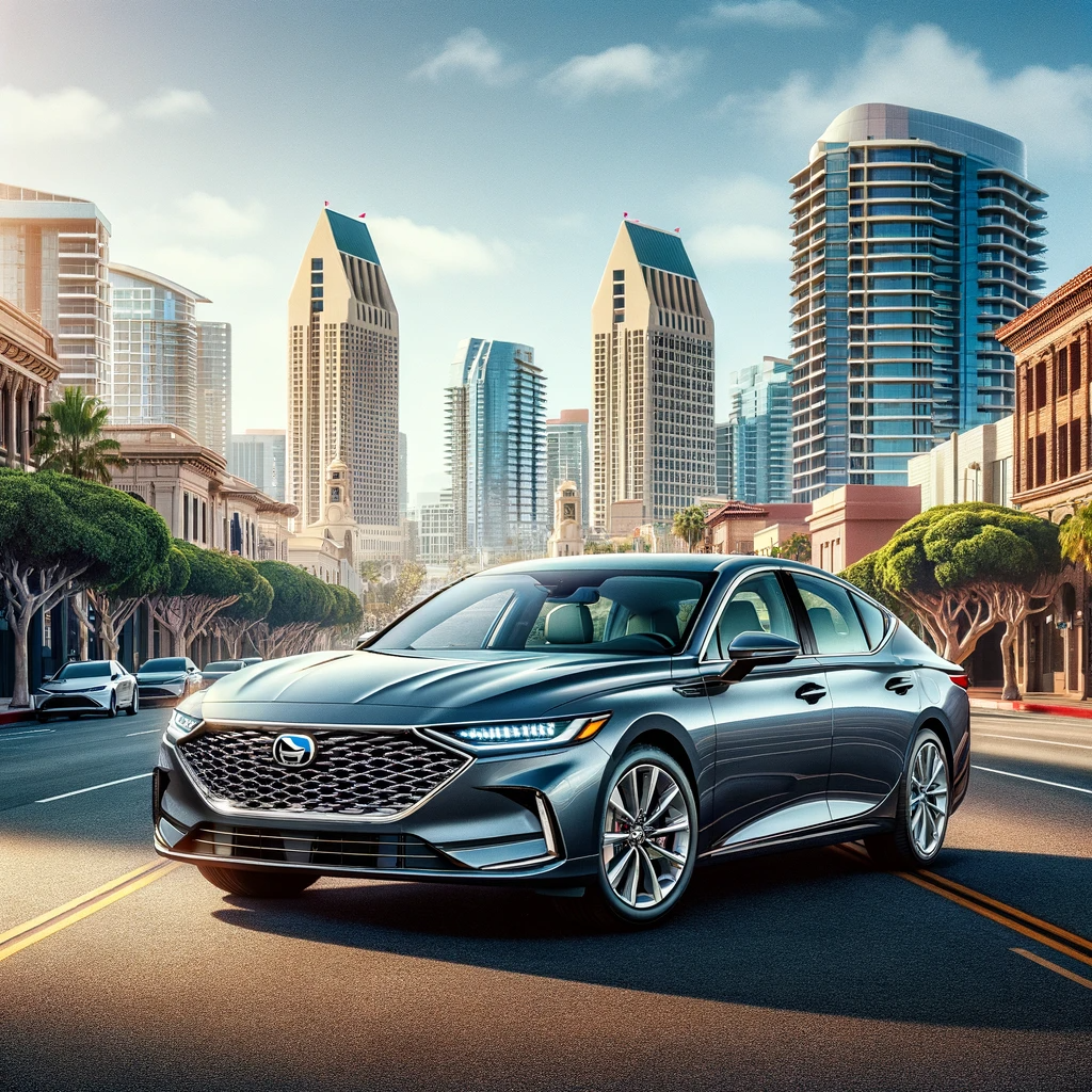 "Modern midsize sedan with advanced features parked on a San Diego street, with city landmarks in the background."