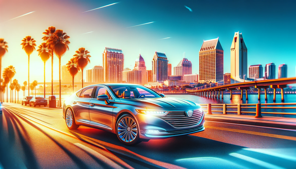  A modern sedan parked in front of the San Diego skyline, with landmarks like the Coronado Bridge and Gaslamp Quarter in the background.