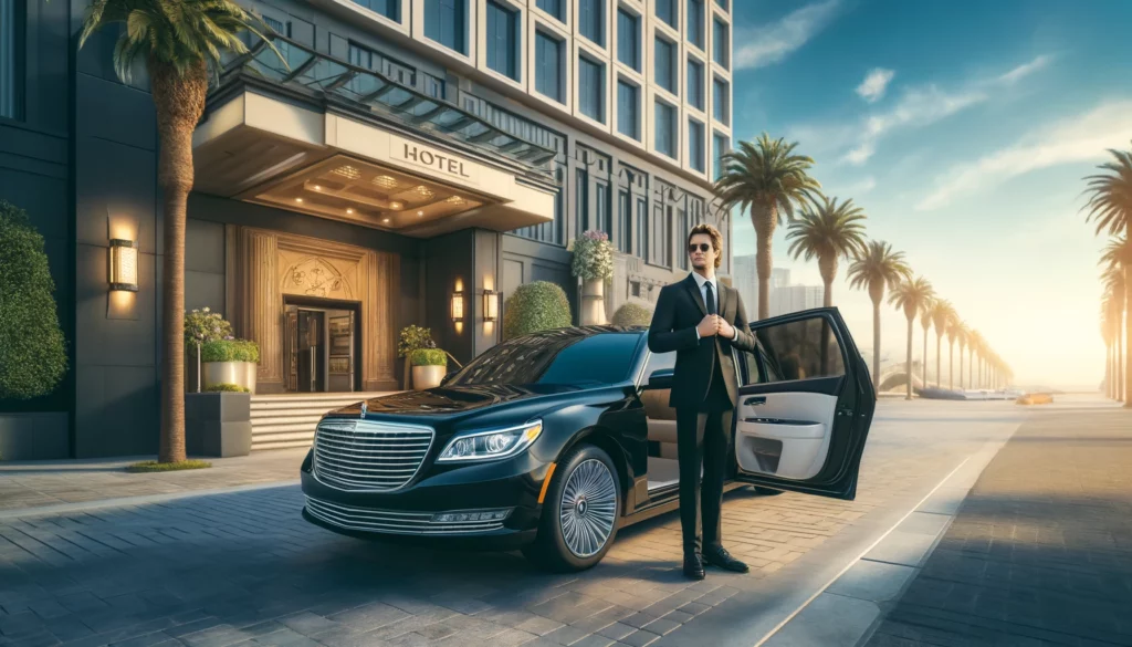 A luxurious black sedan limousine parked in front of a stylish hotel entrance in San Diego, with a well-dressed chauffeur standing beside the open door, ready to assist guests. Palm trees, a bright blue sky, and the city skyline are visible in the background.