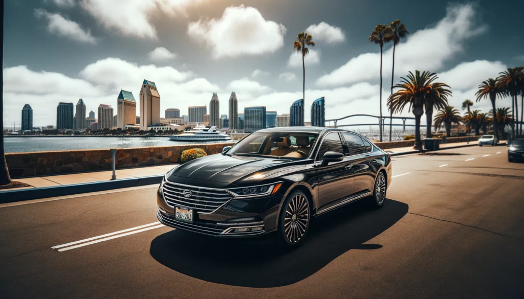 A sleek black luxury sedan parked in front of downtown San Diego with the Coronado Bridge and skyline in the background, under a sunny sky.