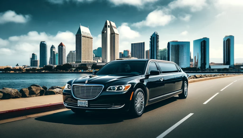 A sleek black sedan limo parked in front of the San Diego skyline and waterfront under a clear blue sky.