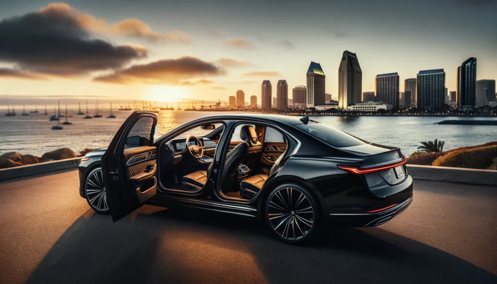 A luxurious black sedan parked by the scenic coast of San Diego, with the city's skyline in the background during sunset.