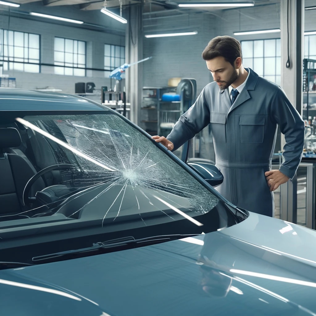 Mechanic inspecting a cracked windshield on a modern car in a clean, well-lit auto repair shop, with tools and equipment visible in the background.