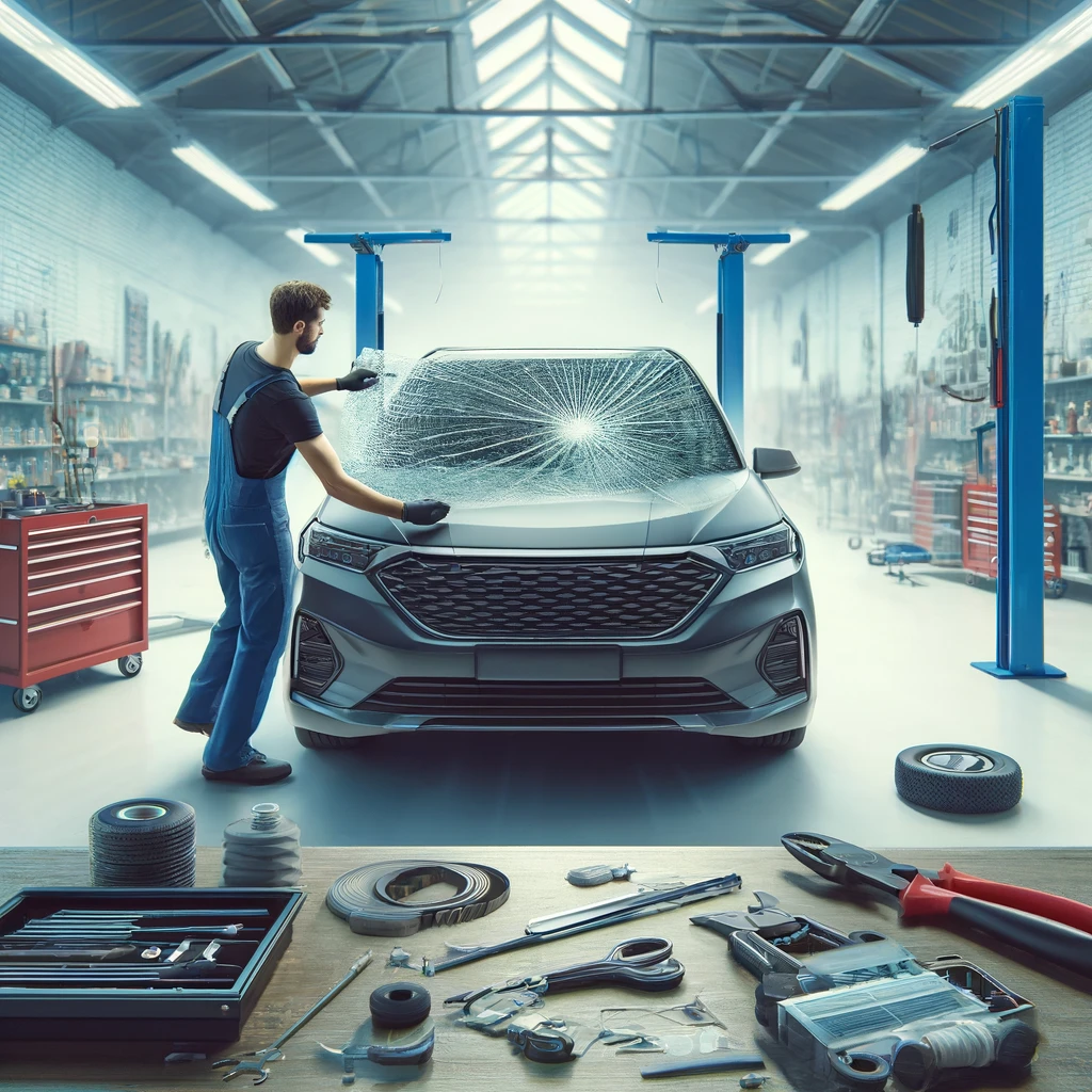 Technician replacing a cracked windshield with a new windshield on a modern car in a well-organized, bright auto repair shop, with professional tools and parts visible.